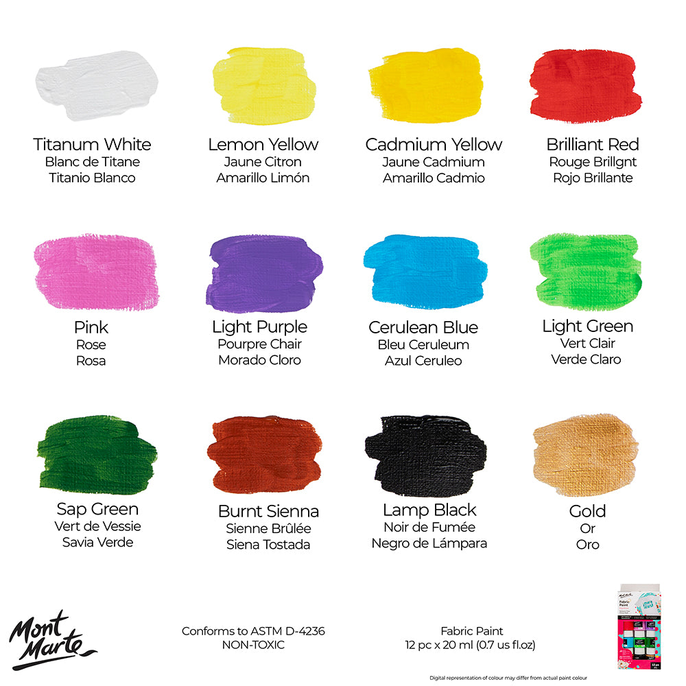 Fabric Paint Signature 12pc x 20ml (0.7 US fl.oz) – Mont Marte Global