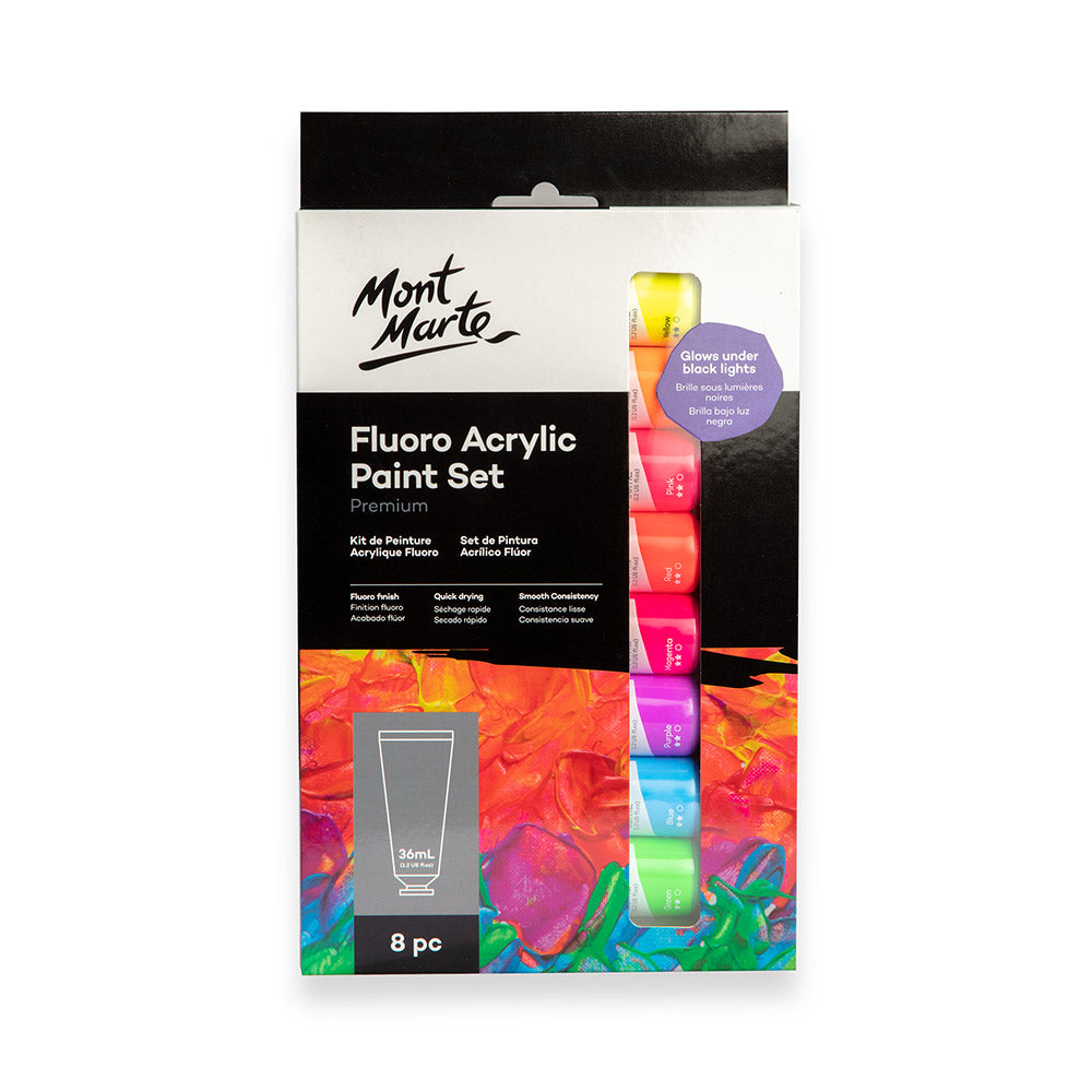 Fluoro Acrylic Paint Set Premium 8pc x 36ml (1.2 US fl.oz) – Mont Marte ...