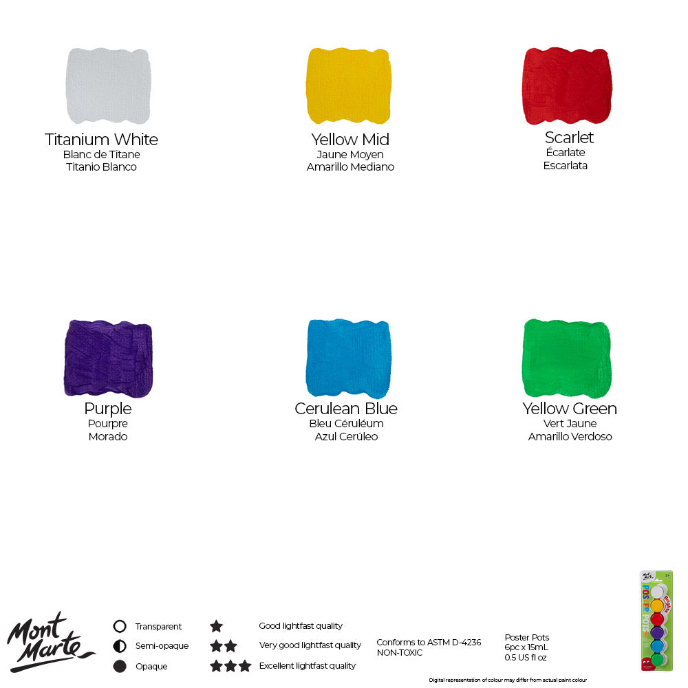 Mont Marte Poster Paint Pots 6pc x 15ml (0.5 US fl.oz) - Brights