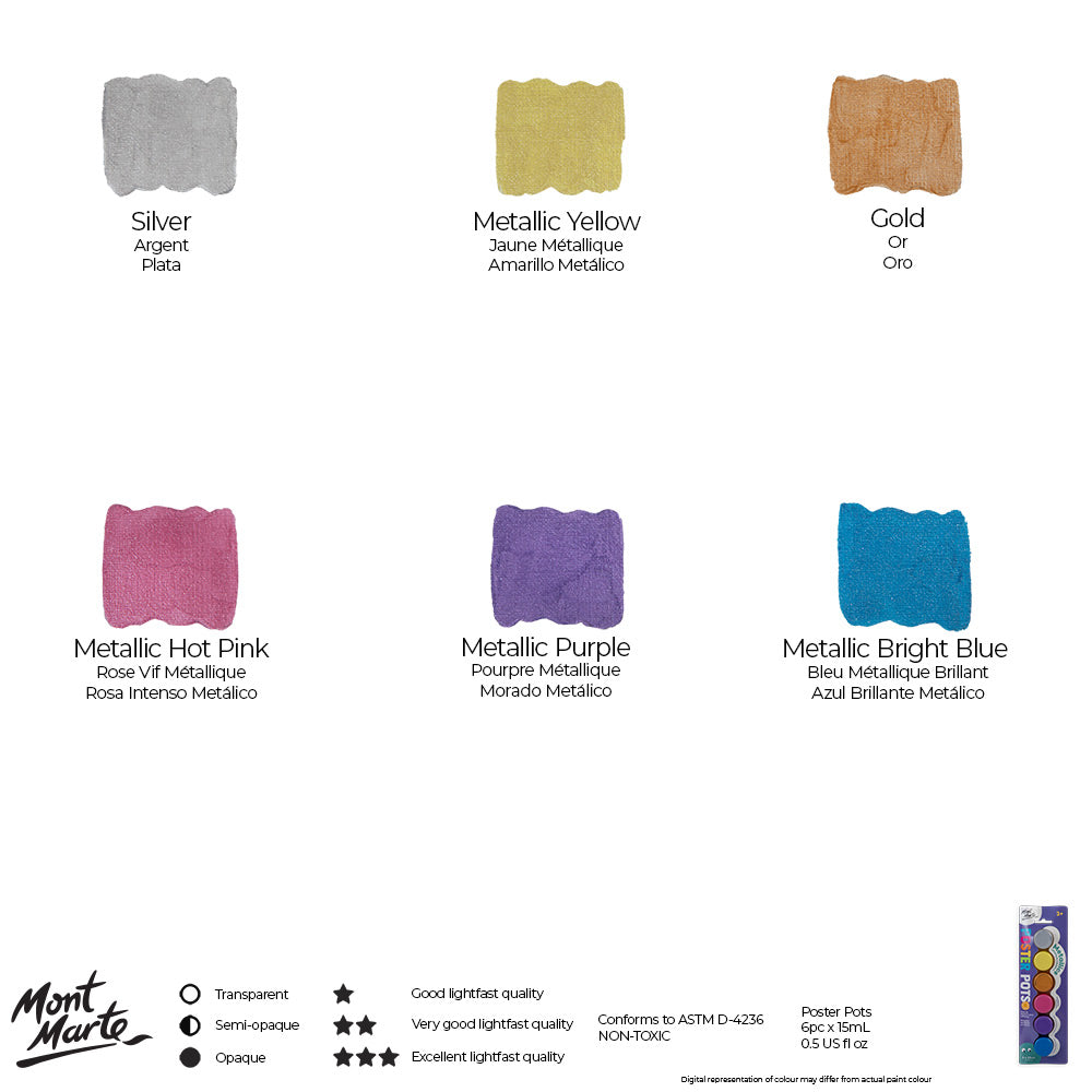 Mont Marte Poster Paint Pots 6pc x 15ml (0.5 US fl.oz) - Metallics