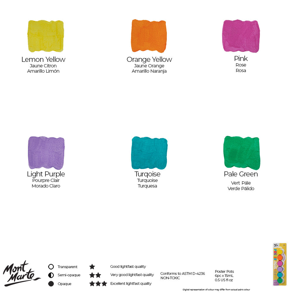 Mont Marte Poster Paint Pots 6pc x 15ml (0.5 US fl.oz) - Pastels