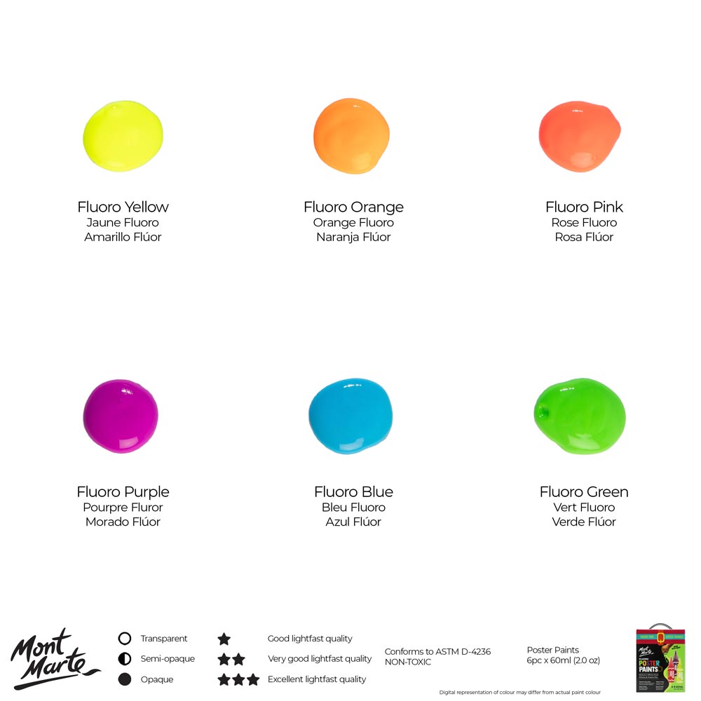 Mont Marte Fluoro Poster Paints 6pc x 60ml (2 US fl.oz) – Mont