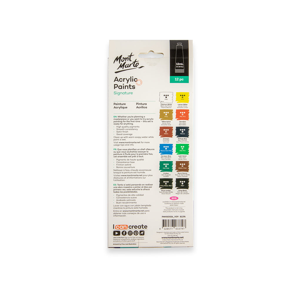 Acrylic Paints Signature 12pc x 12ml (0.4 fl.oz)  Mont Marte Global