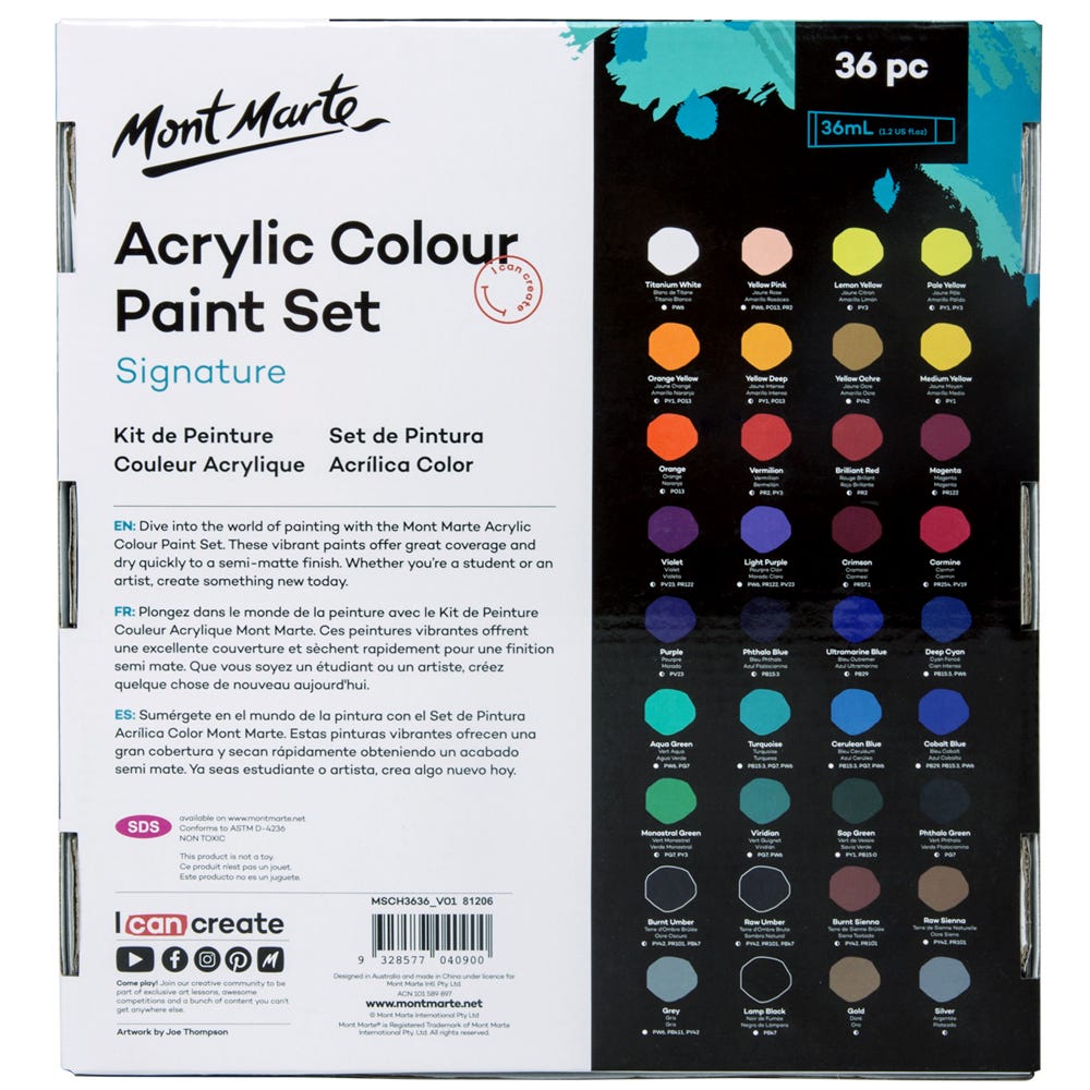 Mont Marte Acrylic Colour Pastel Paint Set Signature 36pc x 36ml (1.2 US  fl.oz) – Mont Marte Global