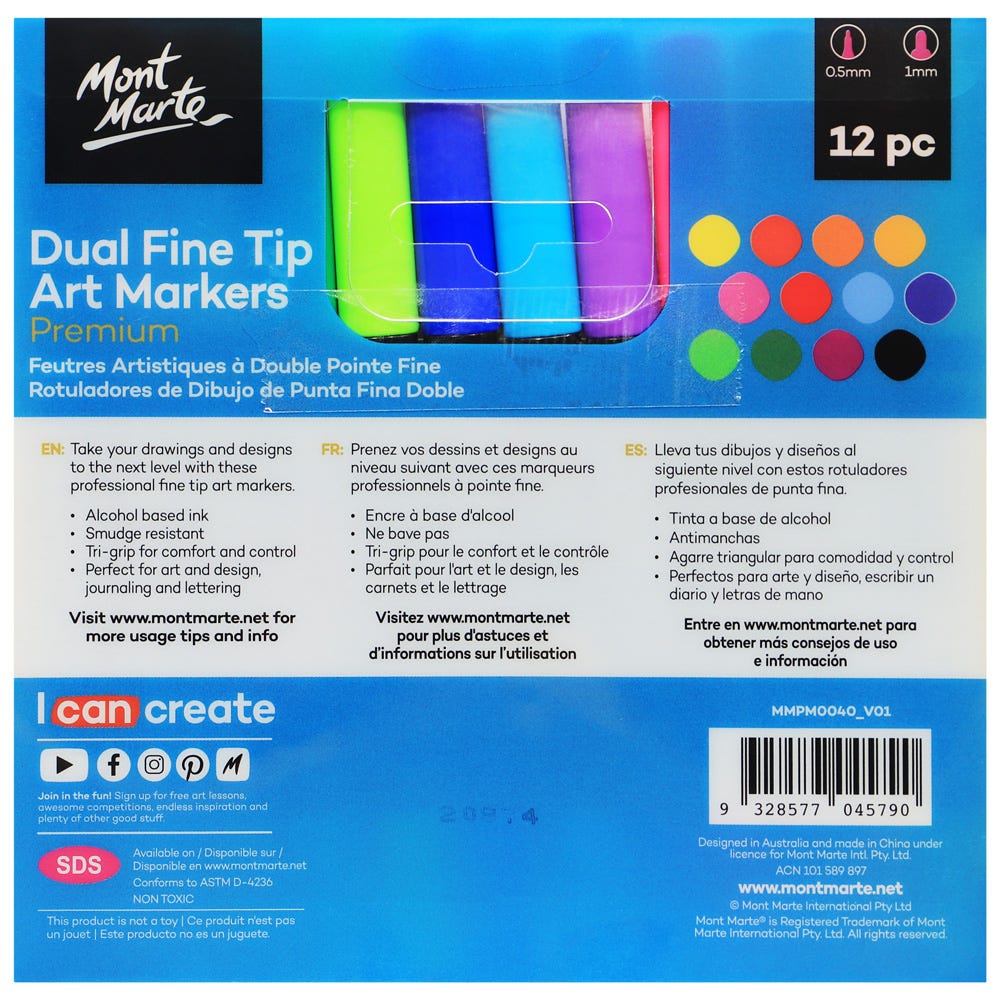 Dual Fine Tip Alcohol Art Markers Premium 12pc – Mont Marte Global